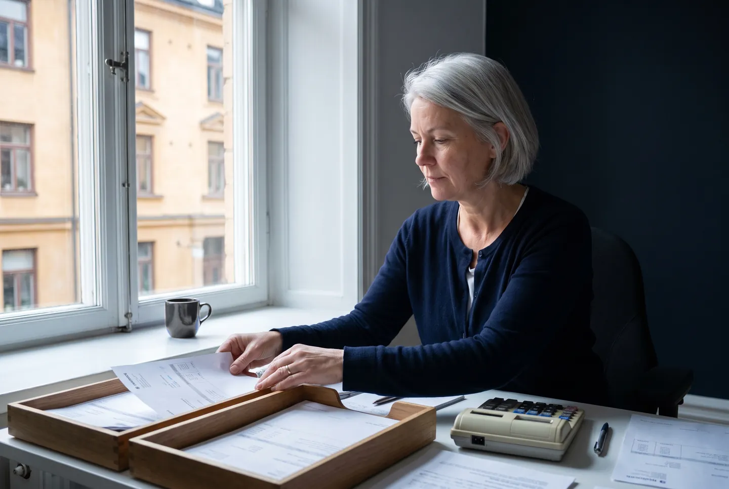 Бухгалтер раскладывает бумажные счета по двум лоткам за столом у высокого окна