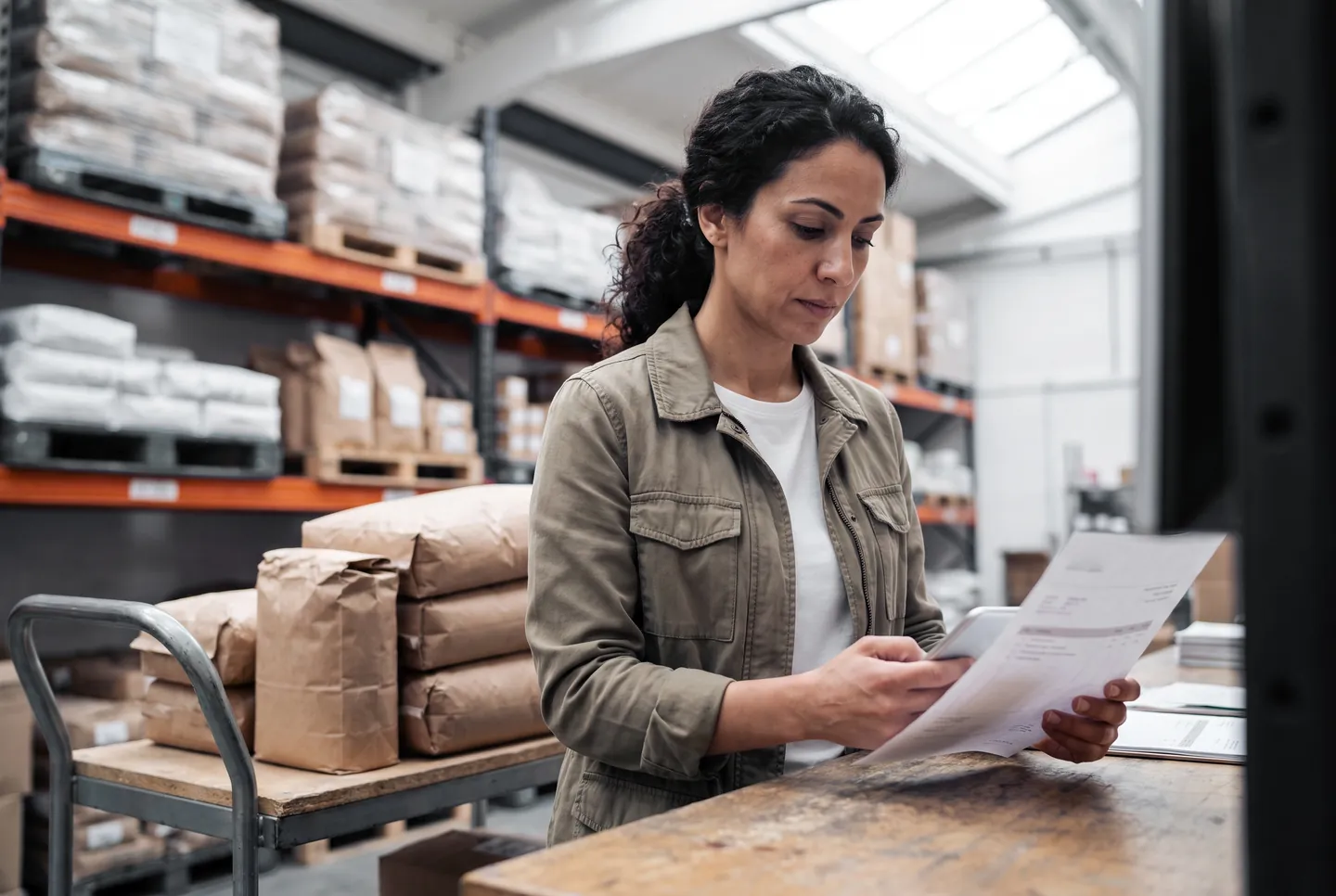 Покупатель сравнивает бумажный счёт с телефоном за деревянным столом на складе
