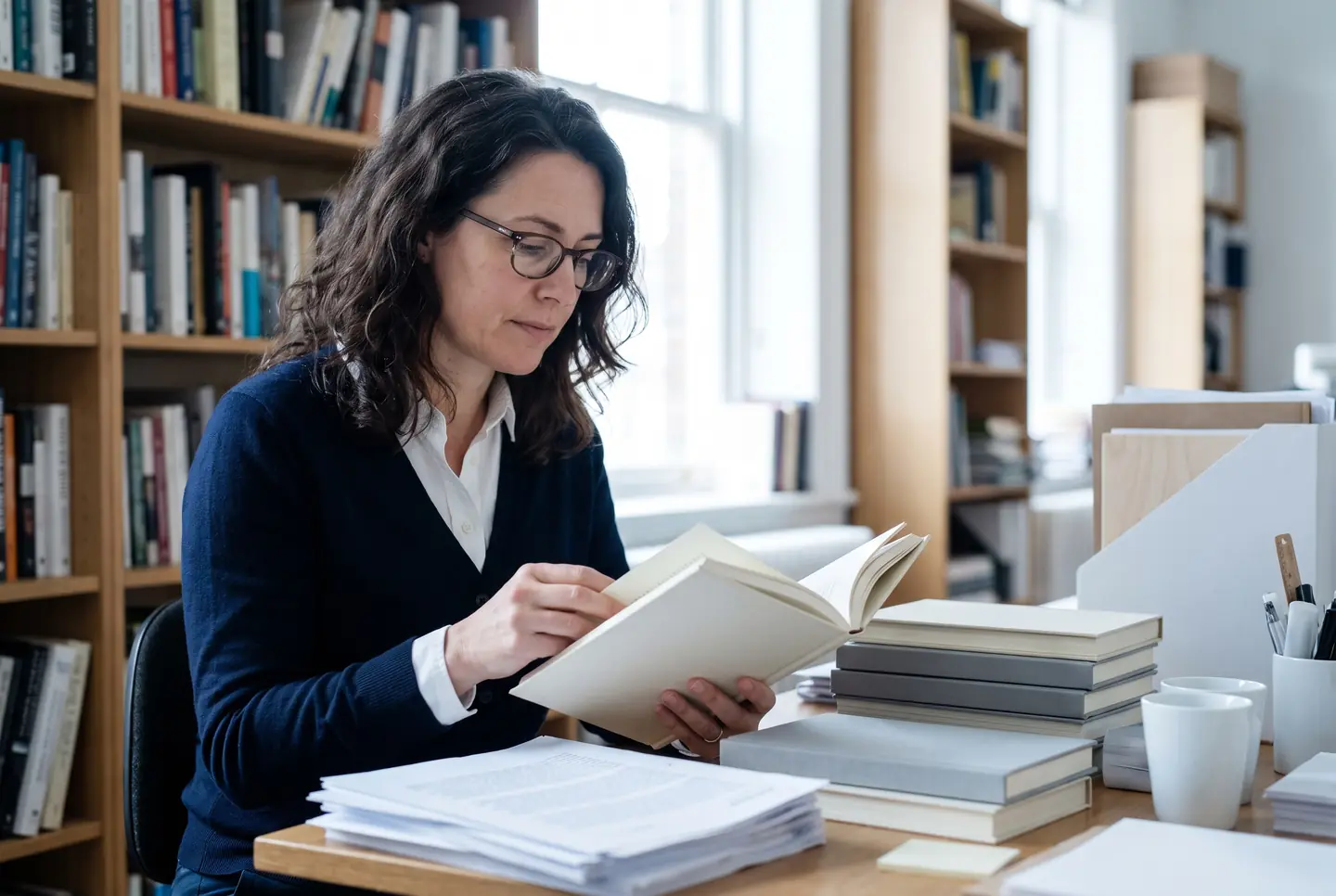 Издатель читает новую книгу за столом между книжными полками