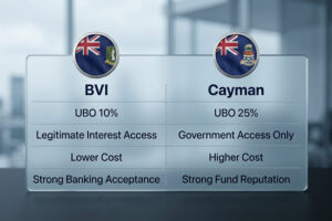 Infographic comparing UBO disclosure rules in BVI and Cayman Islands