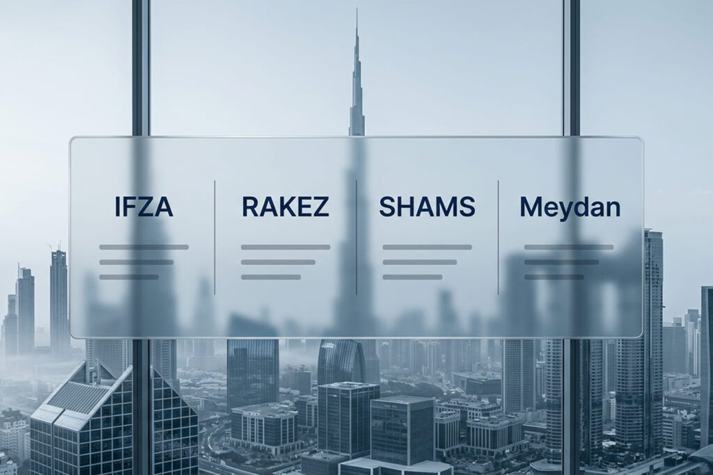 Сравнение фризон ОАЭ 2026: IFZA против RAKEZ против SHAMS против Meydan